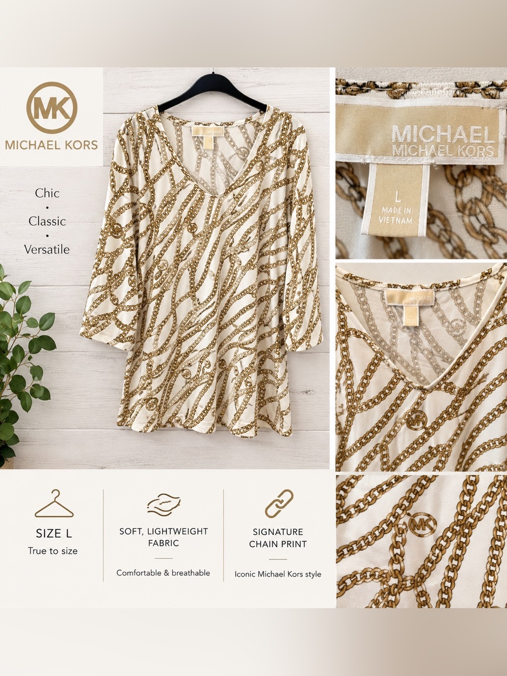 Michael Kors White V-Neck Blouse with Gold Chain Print